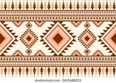A seamless ethnic geometric pattern displaying intricate diamond and triangle shapes The design features a palette of brown orange and cream tones on a light background 
