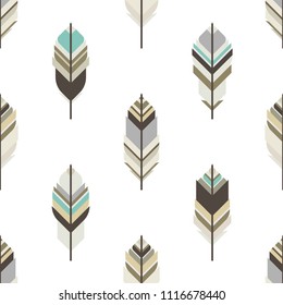 Seamless ethnic geometric pattern with feathers of wild birds on white background. Indian ornament. Decorative boho wallpaper. ornament  for print. Vector flat nature illustration.