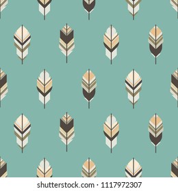 Seamless ethnic geometric pattern with feathers of wild birds on powder blue background. Indian ornament. Decorative boho wallpaper. ornament  for print. Vector flat nature illustration.