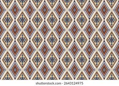 Seamless ethnic geometric pattern featuring tribal and folk embroidery-inspired diamonds in earthy tones, brown, beige, cream, ideal for fabric, textile, print, background, tiles, wallpaper designs