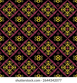 Seamless ethnic geometric pattern featuring symmetrical diamond shapes with intricate pink and yellow motifs on a black background. Inspired by traditional textile designs
