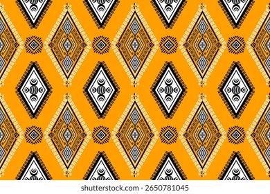 Padrão geométrico étnico contínuo com diamantes intrincados e motivos tribais em preto, branco, sobre um fundo laranja vibrante. Ideal para têxteis, tecido, papel de parede, mosaico, moda, fundos.