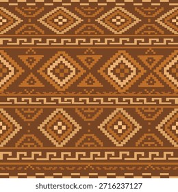 Patrón geométrico étnico sin costuras inspirado en los diseños textiles tribales tradicionales. Motivos ornamentales de tonos marrones y tierra dispuestos en un diseño Horizontal repetitivo. Perfecto para la tela, Fondo de pantalla, papel de embalaje, decoración del hogar, fondos de estilo boho, y proyectos de diseño digital.