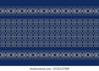 Seamless ethnic geometric pattern inspired by traditional Asian woven textiles, pixel-style ornamental motifs in blue and gray tones, ideal for fabric, wallpaper, background, vector and illustration designs.
