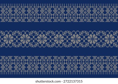 Padrão geométrico étnico sem costura inspirado em tecidos tradicionais asiáticos, motivos ornamentais em tons azuis e cinzas, ideais para desenhos de tecido, papel de parede, fundo, vetor e ilustração.