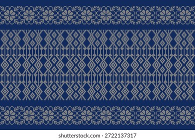 Seamless ethnic geometric pattern inspired by traditional Asian woven textiles, pixel-style ornamental motifs in blue and gray tones, ideal for fabric, wallpaper, background, vector and illustration designs.