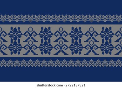 Patrón geométrico étnico sin fisuras inspirado en los textiles tejidos asiáticos tradicionales, motivos ornamentales estilo píxel en tonos azules y grises, ideal para diseños de telas, Fondos de pantalla, fondos, Vectores e ilustraciones.