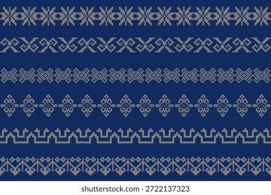 Patrón geométrico étnico sin fisuras inspirado en los textiles tejidos asiáticos tradicionales, motivos ornamentales estilo píxel en tonos azules y grises, ideal para diseños de telas, Fondos de pantalla, fondos, Vectores e ilustraciones.