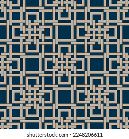 Seamless ethnic geometric pattern with interlaced squares on a blue background. Chinese oriental style. Ornamental chain grid in retro style. Graphic textile texture. Vector image.