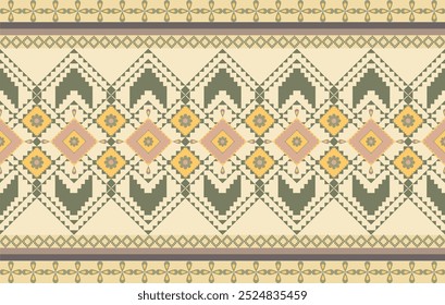 Seamless Ethnic Geometric Pattern with Large Diamond Shapes and Intricate Triangular Motifs in Muted Earth Tones, Featuring Symmetrical Borders and Repetitive Floral Accents