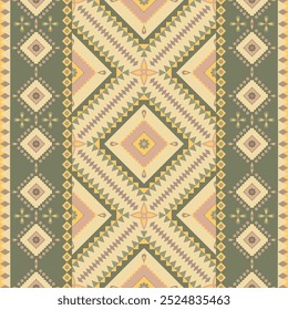 Seamless Ethnic Geometric Pattern with Large Diamond Shapes and Intricate Triangular Motifs in Muted Earth Tones, Featuring Symmetrical Borders and Repetitive Floral Accents