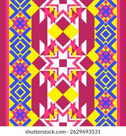 seamless ethnic geometric pattern, Native American tribal fabric, Native weaving, Yellow, pink, blue, ethnic boho indian, rugs, wallpaper, embroidery, vector illustration design, cards, picture books