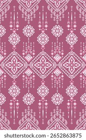Seamless ethnic geometric pattern in pink and white, ideal for textile design, crafts, digital prints, and cultural decorative projects.