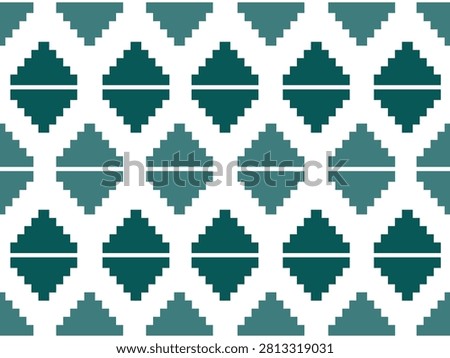 seamless ethnic geometric pattern with pixelated stepped diamond shapes in teal green, turquoise, and white background. vector background for tribal textile, fabric, and wallpaper design.