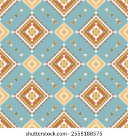 Seamless Ethnic Geometric Pattern with Symmetrical Diamond Motifs in Earth Tones on Blue Background