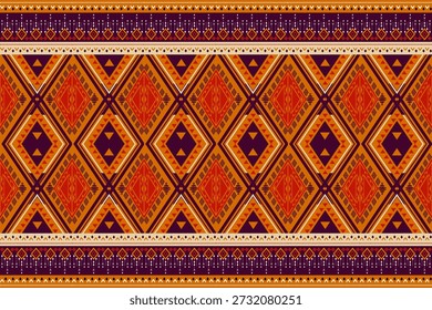 Padrão geométrico étnico sem costura com motivos de diamantes tribais, bordas em ziguezague e detalhes ornamentais em tons de laranja quente e roxo profundo, ideal para design têxtil, papel de parede, fundo e vetor.