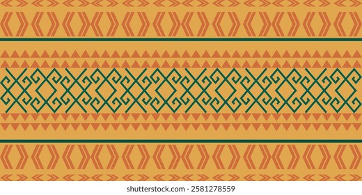 Seamless ethnic geometric pattern with tribal-inspired motifs in warm earthy tones. Perfect for textiles, backgrounds, decorative designs, and traditional cultural artwork.