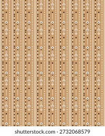 Seamless ethnic geometric pattern with vertical tribal motifs inspired by traditional textile weaving. The design features repeating symbols, diamonds, arrows, and abstract shapes arranged in striped columns. Earthy brown, beige, black, and white tones create a warm, rustic, and cultural look. Ideal for fabric, wallpaper, background, wrapping paper, boho decor, and modern ethnic design projects.
