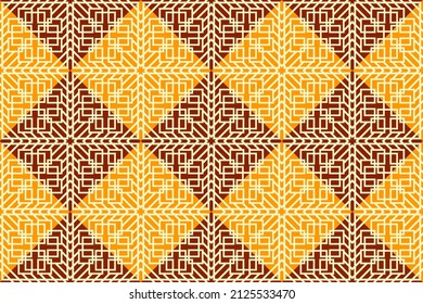 Seamless ethnic geometric pattern with warm yellow and brown tones,intricate tribal linework symmetrical 