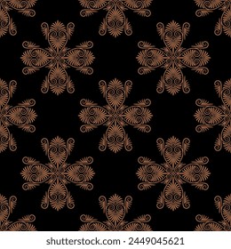 Seamless ethnic geometrical pattern with ancient Greek cross shape spiral palmette motifs. Orange brown silhouettes on black background.