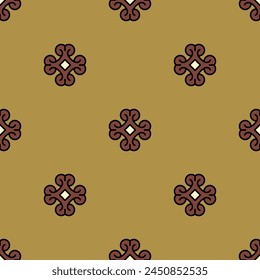 Seamless ethnic geometrical pattern with small cross shape floral motifs. Indigenous Wari culture of ancient Peru. Ethnic Native American design. On yellow background.
