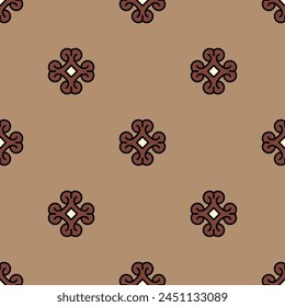 Seamless ethnic geometrical pattern with small cross shape floral motifs. Indigenous Wari culture of ancient Peru. Ethnic Native American design. On beige brown background.