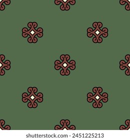 Seamless ethnic geometrical pattern with small cross shape floral motifs. Indigenous Wari culture of ancient Peru. Ethnic Native American design. On green background.