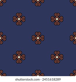 Seamless ethnic geometrical pattern with small cross shape floral motifs. Indigenous Wari culture of ancient Peru. Ethnic Native American design. On blue background.