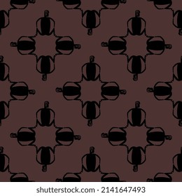 Seamless ethnic geometrical pattern with square cross shapes made of human figurines. Native American art of Mogollon Pueblo Indians. Indigenous Mimbres pottery design. Black silhouettes on brown back