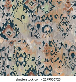 seamless ethnic ikat carpet pattern. grunge textured abstract art background