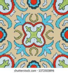 Seamless ethnic ikat floral pattern. mixed color tile. beige background
