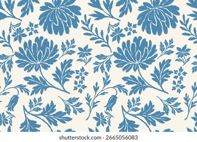 Seamless ethnic ikat floral pattern with abstract embroidery damask elements, traditional texture for fabric and clothing, decorative ornamental design for textile, wallpaper, and fashion prints.