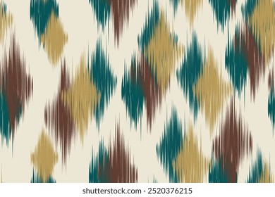 Seamless ethnic ikat geometric pattern in teal, mustard, and brown tones. Ideal for textile, wallpaper, upholstery design, fashion prints, boho chic decor, and traditional tribal fabric inspiration.