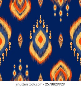 Seamless Ethnic Ikat Geometric Pattern with Vibrant Tribal Diamond Motifs in Yellow, Orange and Navy Blue Background. Colorful Tribal Textile Pattern with Warm Tones. Vector illustration.