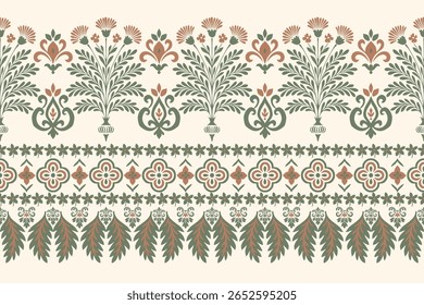 Seamless ethnic ikat paisley floral pattern with traditional Indian motifs and embroidery elements in boho style, inspired by Aztec textile art for fabric and clothing design.