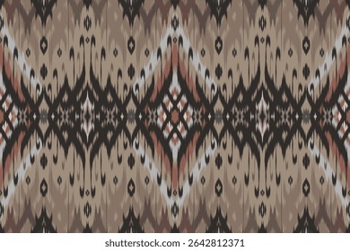 Padrão étnico Ikat sem costura em marrom cacau, vermelho tijolo e cinza cinza. Inspirado por têxteis do Sudeste Asiático, tribal Ikat, motivo tribal marrom cacau .perfeito para moda, decoração e temas de design boho.