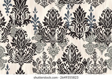 Seamless ethnic ikat pattern with damask floral motifs in black, green, and blue on cream background, traditional textile design with boho embroidery style for fabric, fashion, or decoration.