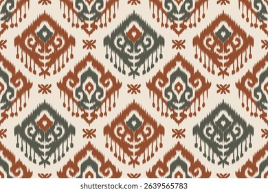 Seamless ethnic ikat pattern in earthy red and green colors on beige background, traditional abstract diamond textile design, boho woven ornament for fashion, home decor, and digital print use.