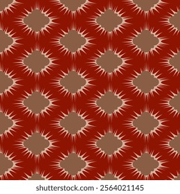 A seamless ethnic Ikat pattern featuring traditional oriental geometric designs in striking red and gold tones. This abstract yet culturally rich pattern is ideal for use in textiles, home decor.