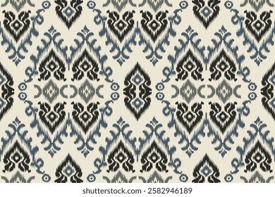 Seamless ethnic ikat pattern featuring tribal and folk embroidery combined with Mexican Aztec geometrics. Perfect for graphic art, rug design, wallpaper, wrapping and clothing.