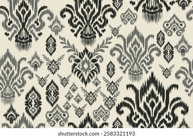 Seamless ethnic ikat pattern featuring tribal and folk embroidery combined with Mexican Aztec geometrics. Perfect for graphic art, rug design, wallpaper, wrapping and clothing.