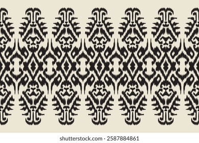 Seamless ethnic ikat pattern featuring tribal and folk embroidery combined with Mexican Aztec geometrics. Perfect for graphic art, rug design, wallpaper, wrapping and clothing.