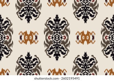 Seamless ethnic ikat pattern featuring tribal and folk embroidery combined with Mexican Aztec geometrics. Perfect for graphic art, rug design, wallpaper, wrapping and clothing.