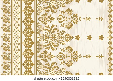 Seamless ethnic ikat pattern with floral and paisley embroidery motifs in boho Indian style, featuring ornamental borders, inspired by African and Aztec traditional textile and fabric design.