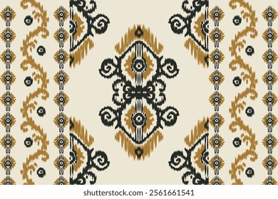 Seamless ethnic ikat pattern with influences of tribal and folk embroidery combined with Mexican Aztec geometric shapes. Perfect for graphic design, rugs, wallpaper, gift wrapping and clothing.
