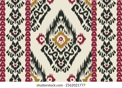 Seamless ethnic ikat pattern with influences of tribal and folk embroidery combined with Mexican Aztec geometric shapes. Perfect for graphic design, rugs, wallpaper, gift wrapping and clothing.