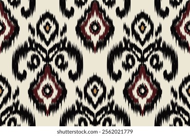 Seamless ethnic ikat pattern with influences of tribal and folk embroidery combined with Mexican Aztec geometric shapes. Perfect for graphic design, rugs, wallpaper, gift wrapping and clothing.