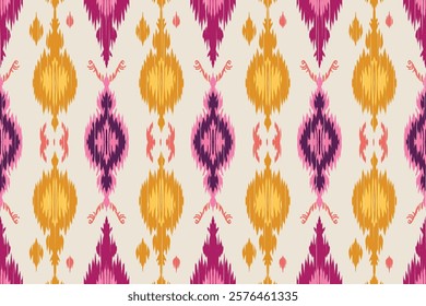 Seamless ethnic ikat pattern with influences of tribal and folk embroidery combined with Mexican Aztec geometric shapes. Perfect for graphic design, rugs, wallpaper, gift wrapping and clothing.