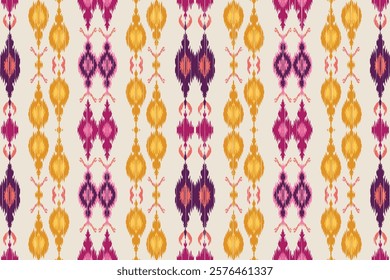 Seamless ethnic ikat pattern with influences of tribal and folk embroidery combined with Mexican Aztec geometric shapes. Perfect for graphic design, rugs, wallpaper, gift wrapping and clothing.