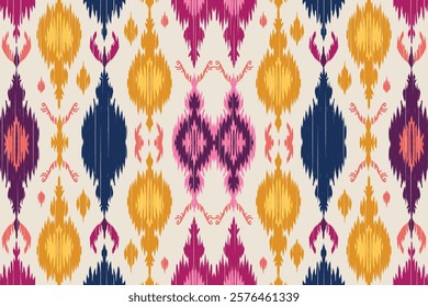 Seamless ethnic ikat pattern with influences of tribal and folk embroidery combined with Mexican Aztec geometric shapes. Perfect for graphic design, rugs, wallpaper, gift wrapping and clothing.